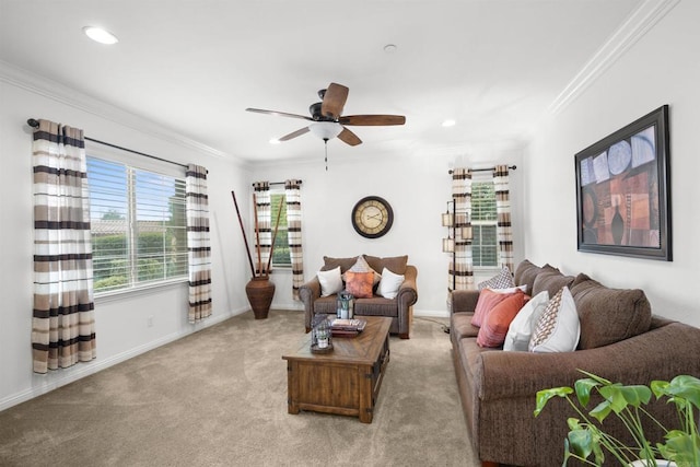 carpeted living room featuring crown molding, recessed lighting, ceiling fan, and baseboards