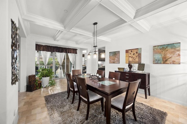 dining room featuring baseboards, coffered ceiling, and beam ceiling