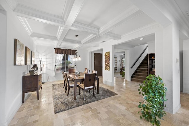 dining room with stone finish flooring, baseboards, beamed ceiling, coffered ceiling, and stairs