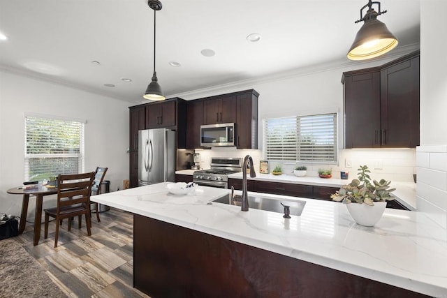 kitchen with plenty of natural light, a sink, ornamental molding, and stainless steel appliances