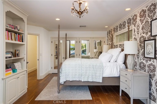 2400 Holly Ln, Newport Beach, CA 92663 - bedroom featuring french doors, dark wood-type flooring, ornamental molding, wallpapered walls, and a chandelier