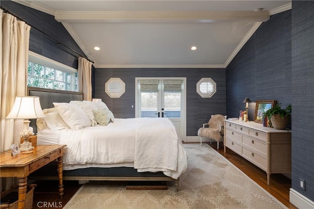 2400 Holly Ln, Newport Beach, CA 92663 - bedroom with crown molding, wallpapered walls, french doors, wood finished floors, and recessed lighting