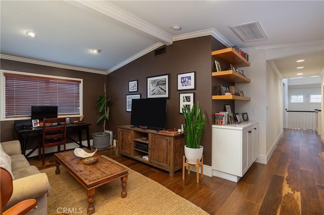 2400 Holly Ln, Newport Beach, CA 92663 - living room with wood finished floors, a desk, baseboards, and crown molding