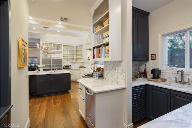2400 Holly Ln, Newport Beach, CA 92663 - kitchen featuring open shelves, a sink, stainless steel appliances, dark wood-style flooring, and recessed lighting