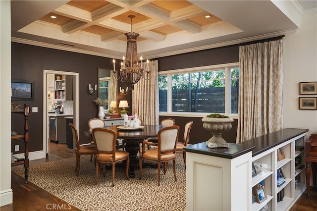 2400 Holly Ln, Newport Beach, CA 92663 - dining area with crown molding, a chandelier, coffered ceiling, dark wood-style flooring, and beam ceiling