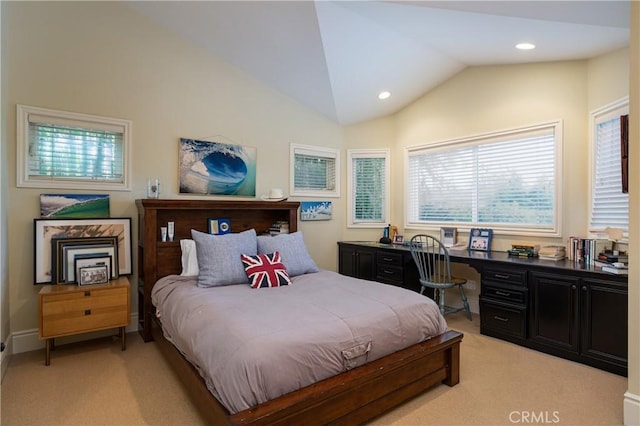 bedroom with light carpet, lofted ceiling, and recessed lighting