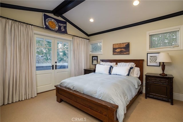 bedroom featuring recessed lighting, french doors, crown molding, light colored carpet, and vaulted ceiling with beams
