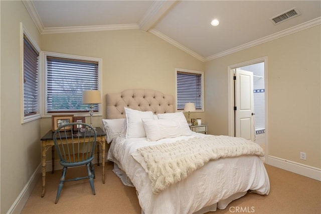 bedroom featuring light carpet, baseboards, and visible vents