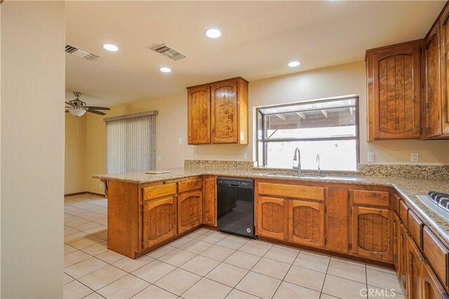 15084 Tacony Rd, Apple Valley, CA 92307 - kitchen with a sink, brown cabinets, dishwasher, a peninsula, and visible vents