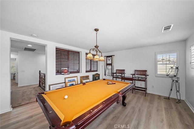 rec room featuring pool table, visible vents, and wood finished floors