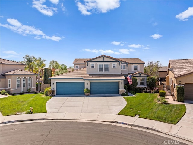 view of front of property featuring a front yard, a tiled roof, fence, and concrete driveway