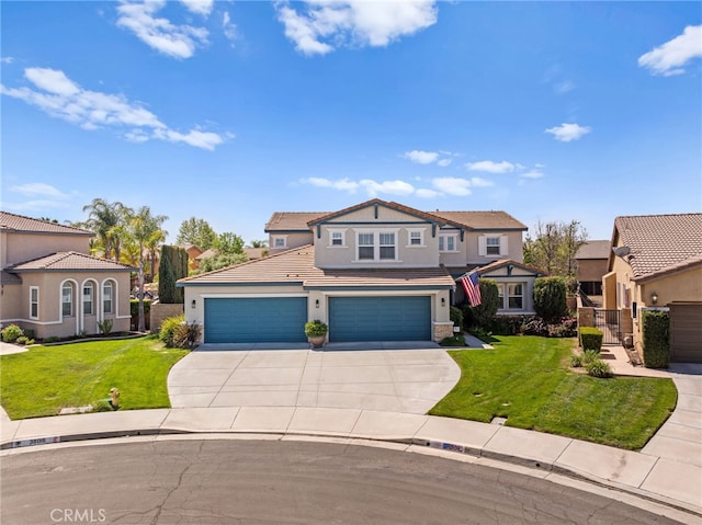 view of front of home featuring a tiled roof, a front lawn, fence, and concrete driveway
