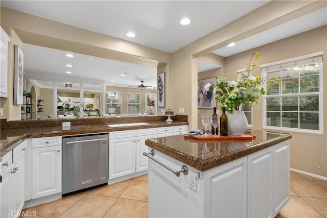 115 Vermillion, Irvine, CA 92603 - kitchen featuring dishwasher, white cabinets, light tile patterned flooring, and recessed lighting