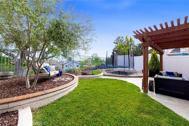 view of yard with outdoor lounge area, a pergola, a fenced backyard, a patio area, and a trampoline