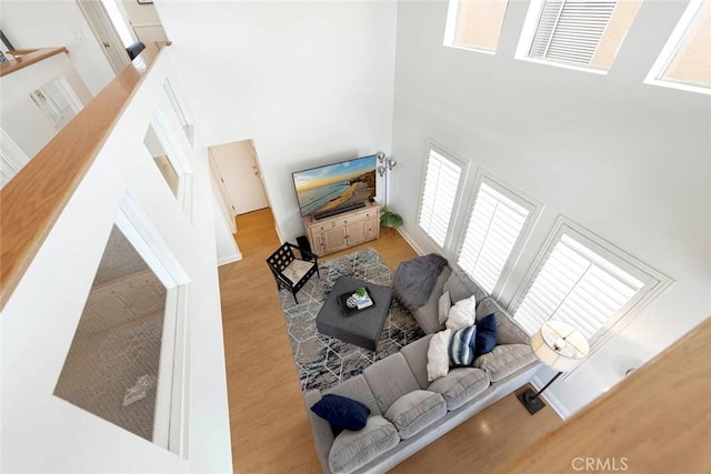 living area with wood finished floors, a high ceiling, and a healthy amount of sunlight