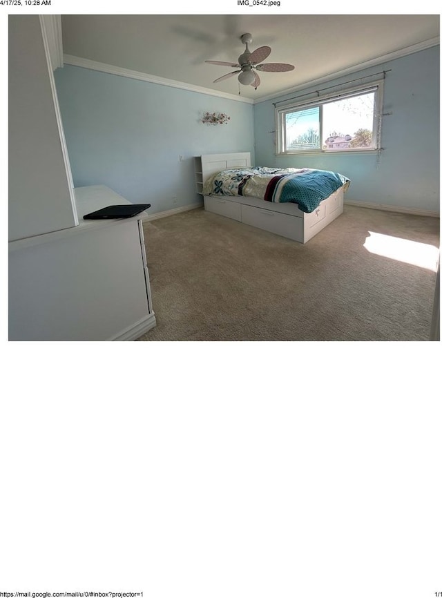 bedroom featuring carpet, crown molding, a ceiling fan, and baseboards