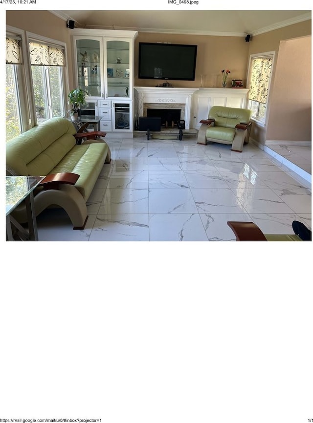 living room featuring a fireplace, crown molding, and marble finish floor
