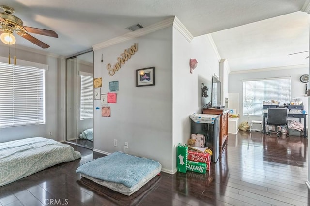 18641 Nathan Hill Dr Unit 8, Canyon Country, CA 91351 - bedroom featuring visible vents, baseboards, ornamental molding, and wood finished floors
