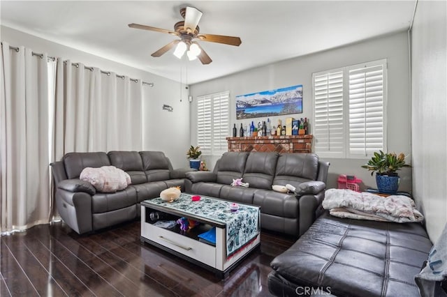 18641 Nathan Hill Dr Unit 8, Canyon Country, CA 91351 - living area with dark wood-style flooring and a ceiling fan