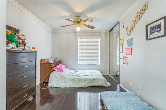 18641 Nathan Hill Dr Unit 8, Canyon Country, CA 91351 - bedroom with a ceiling fan, dark wood finished floors, baseboards, and ornamental molding