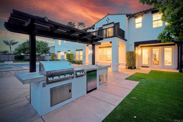 1664 Aryana Dr, Encinitas, CA 92024 - patio terrace at dusk featuring a balcony, area for grilling, a patio, a pergola, and a pool with connected hot tub