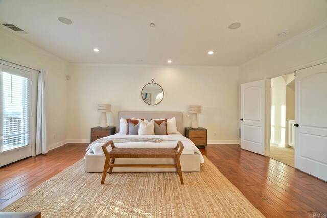 1664 Aryana Dr, Encinitas, CA 92024 - bedroom with wood-type flooring, ornamental molding, and recessed lighting