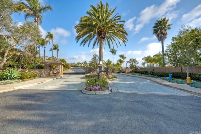 1664 Aryana Dr, Encinitas, CA 92024 - view of asphalt road with sidewalks, curbs, a gated entry, street lighting, and a gate