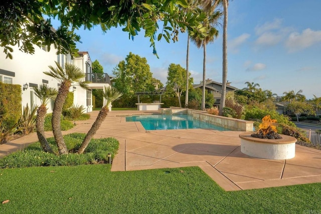 1664 Aryana Dr, Encinitas, CA 92024 - swimming pool featuring a fire pit, a patio, and a yard