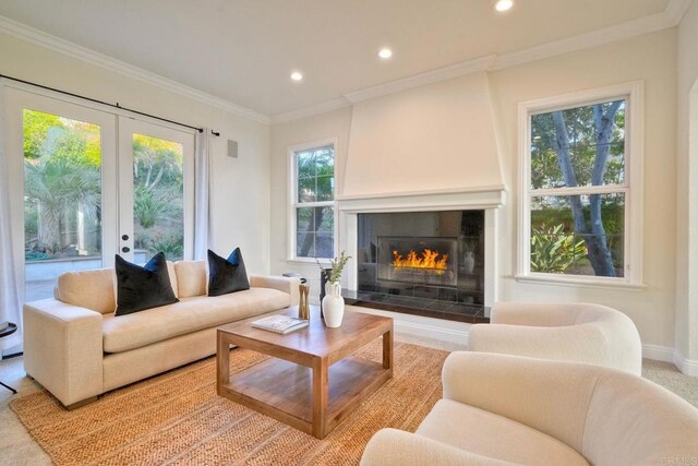 1664 Aryana Dr, Encinitas, CA 92024 - living room with french doors, recessed lighting, a tile fireplace, and crown molding