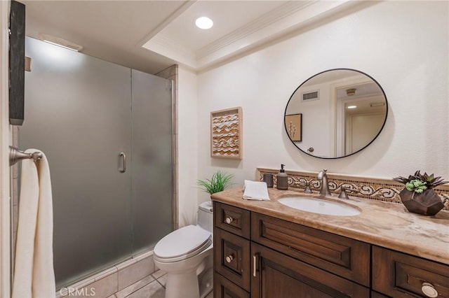 full bath featuring visible vents, ornamental molding, toilet, vanity, and a stall shower