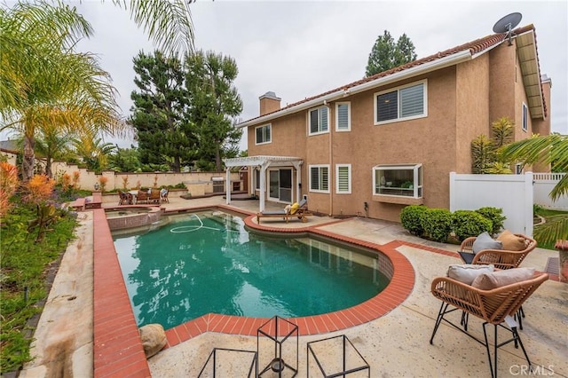 view of swimming pool featuring a fenced in pool, a pergola, an in ground hot tub, a patio area, and a fenced backyard