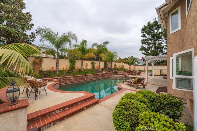 view of swimming pool with a patio area, a fenced backyard, a pool with connected hot tub, and a pergola