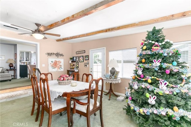 11947 Vivienda Ct, Grand Terrace, CA 92313 - dining area with visible vents, baseboards, ceiling fan, beam ceiling, and light colored carpet