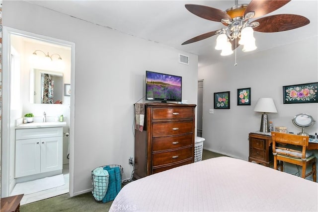 11947 Vivienda Ct, Grand Terrace, CA 92313 - bedroom featuring baseboards, carpet flooring, ensuite bathroom, a ceiling fan, and visible vents