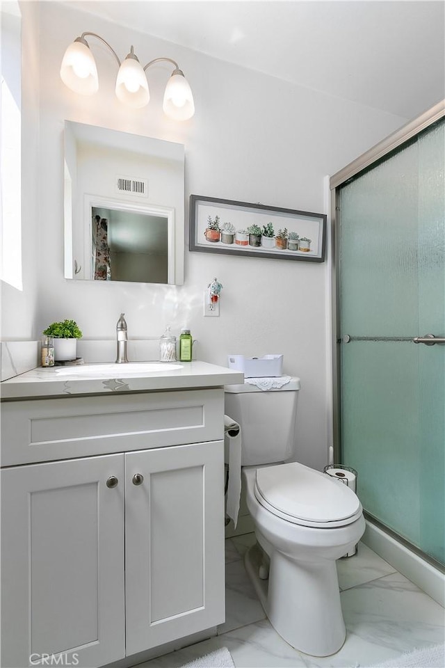 11947 Vivienda Ct, Grand Terrace, CA 92313 - bathroom with visible vents, a shower stall, marble finish floor, and vanity