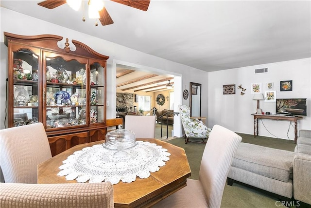 11947 Vivienda Ct, Grand Terrace, CA 92313 - dining room with visible vents, ceiling fan, and carpet flooring