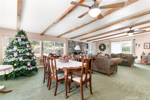 11947 Vivienda Ct, Grand Terrace, CA 92313 - dining area with beamed ceiling, ceiling fan, and carpet