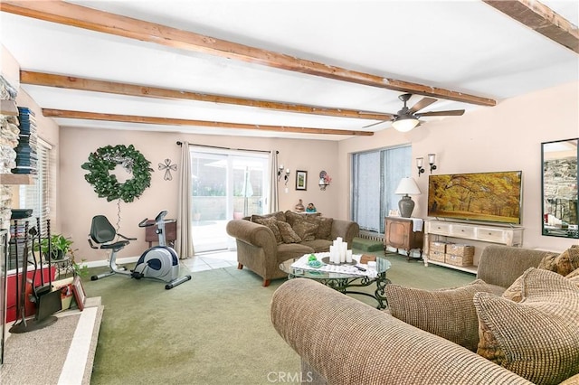 11947 Vivienda Ct, Grand Terrace, CA 92313 - living area featuring ceiling fan, baseboards, beamed ceiling, and carpet floors