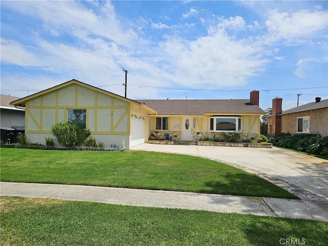 single story home featuring concrete driveway, a front yard, stucco siding, and a garage