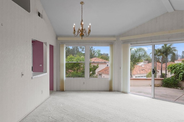 unfurnished dining area with a chandelier, visible vents, carpet, and lofted ceiling with beams