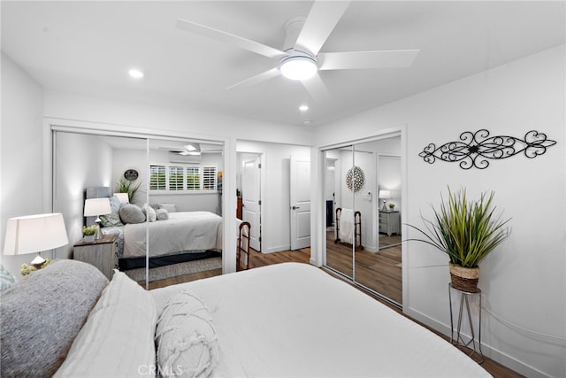 bedroom with recessed lighting, a ceiling fan, and wood finished floors