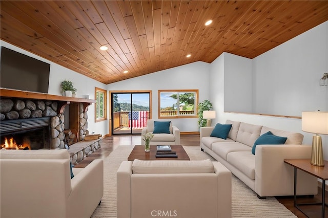 781 Arbula Dr, Crestline, CA 92325 - living room featuring recessed lighting, wooden ceiling, a fireplace, lofted ceiling, and wood finished floors