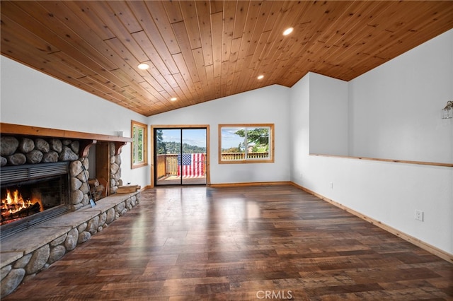 781 Arbula Dr, Crestline, CA 92325 - unfurnished living room featuring wooden ceiling, wood finished floors, recessed lighting, vaulted ceiling, and a stone fireplace