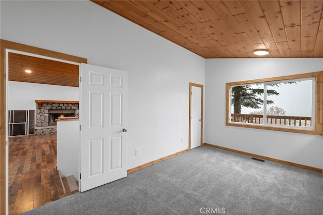 781 Arbula Dr, Crestline, CA 92325 - spare room featuring visible vents, wooden ceiling, carpet, and lofted ceiling