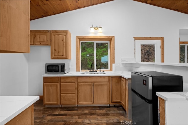 781 Arbula Dr, Crestline, CA 92325 - kitchen with dark wood-style floors, a sink, wood ceiling, appliances with stainless steel finishes, and lofted ceiling
