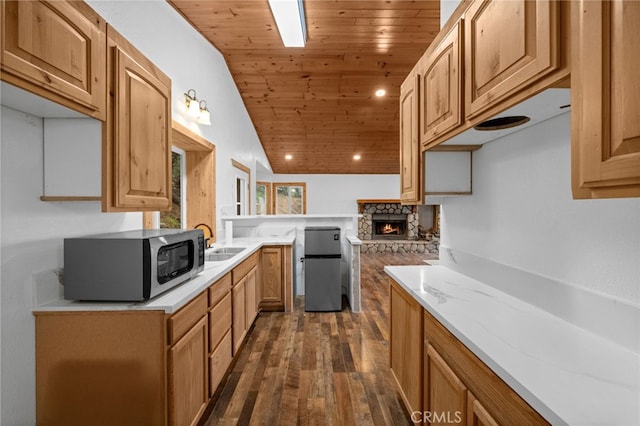 781 Arbula Dr, Crestline, CA 92325 - kitchen with wooden ceiling, stainless steel appliances, a stone fireplace, dark wood-style flooring, and a sink