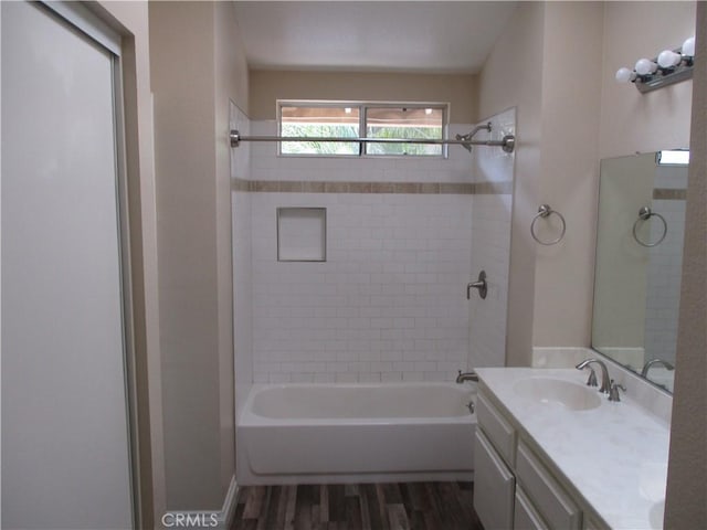 22956 Akwo Cir, Wildomar, CA 92595 - bathroom featuring wood finished floors, shower / washtub combination, and double vanity