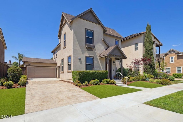 view of front facade featuring a garage, a front lawn, and stucco siding