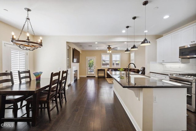 kitchen with baseboards, appliances with stainless steel finishes, a sink, and dark wood finished floors