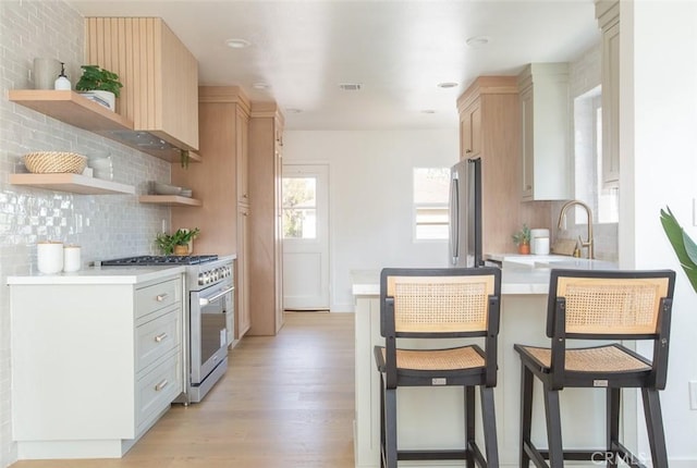 3540 S Sycamore Ave, Los Angeles, CA 90016 - kitchen featuring light countertops, open shelves, decorative backsplash, stainless steel appliances, and light wood finished floors